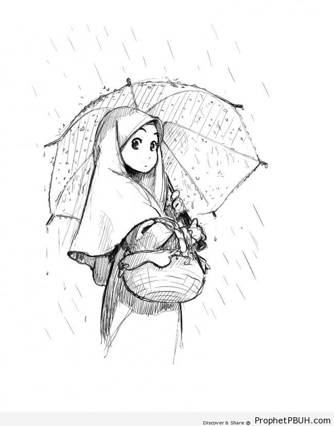 Manga Girl With Umbrella in the Rain - Drawings