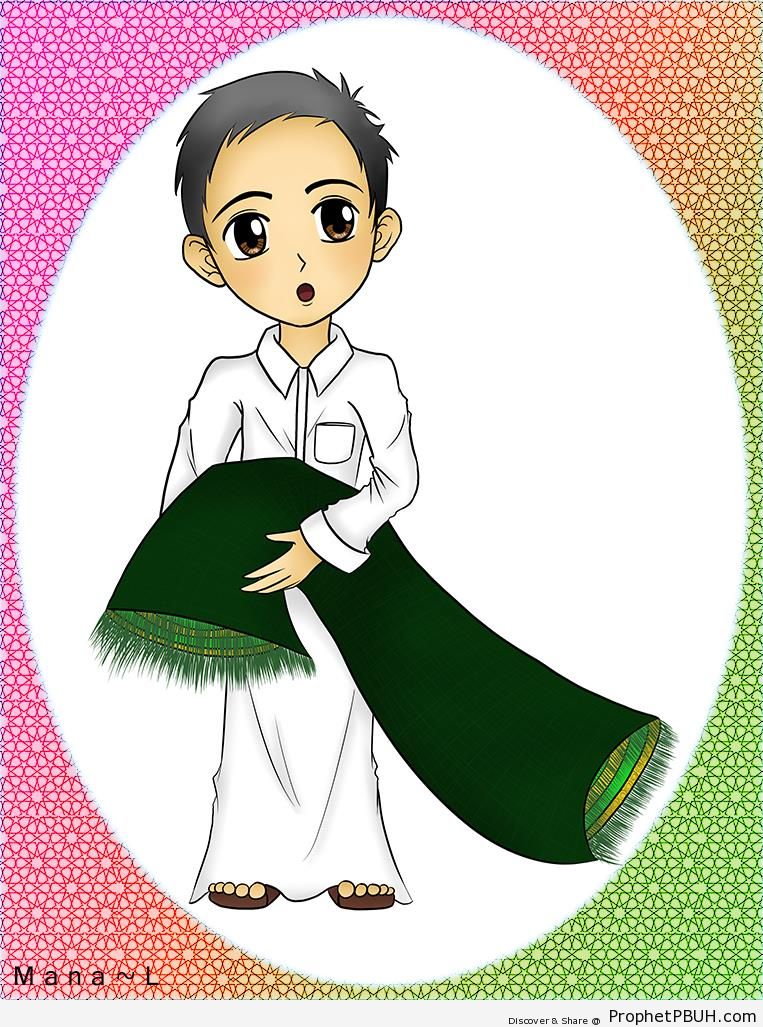 Manga-Style Muslim Boy Drawing Holding Prayer Mat - Drawings 