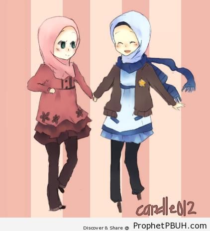 Manga-Style Muslim Girls Holding Hands - Drawings