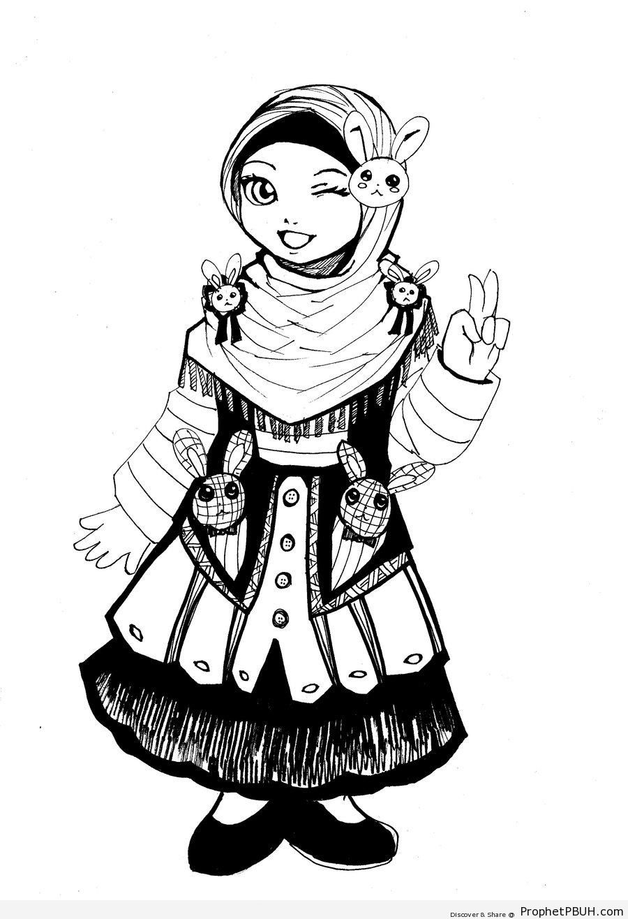 Manga Style Winking Muslim Girl Drawing - Drawings 