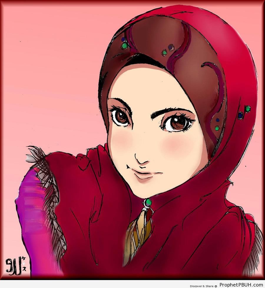 Maroon Hijab and Brown Eyes - Drawings 