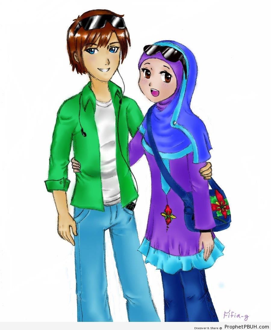 Modern Muslim Couple (Manga & Anime Style Drawing) - Drawings 