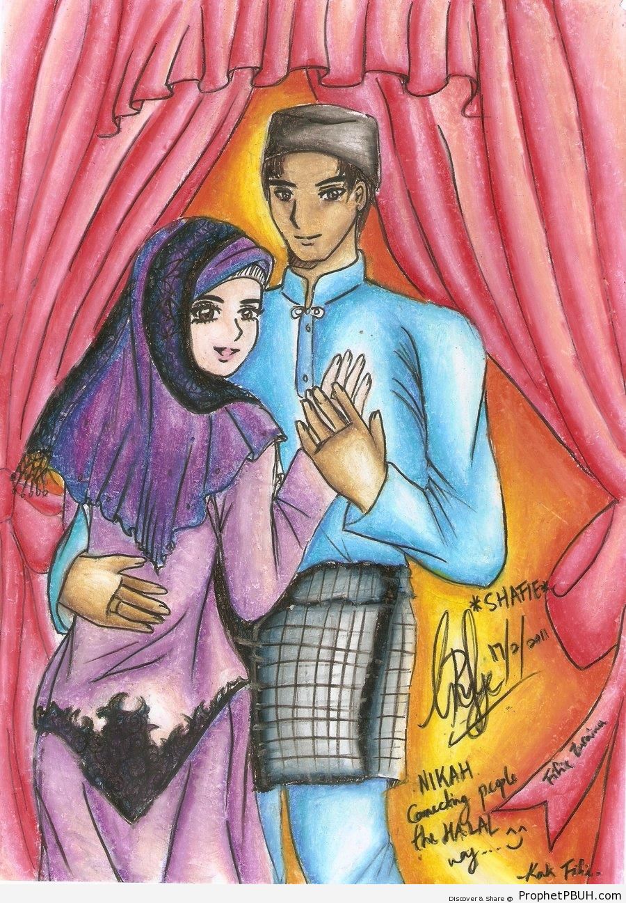 Muslim Couple Embrace - Drawings 