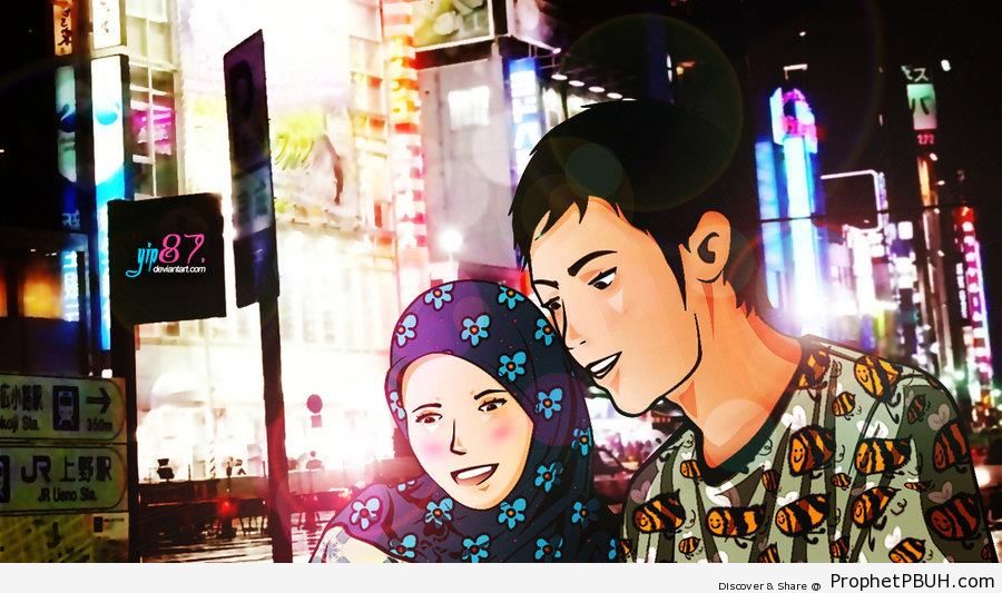 Muslim Couple Out in the City at Night - Drawings