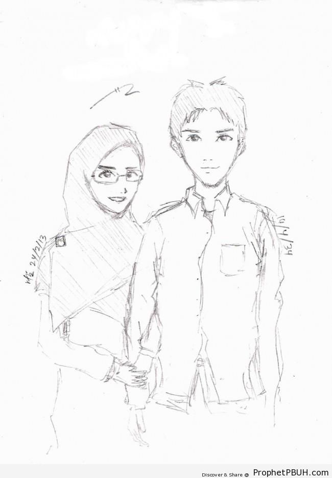 Muslim Couple (Pencil Drawing) - Drawings