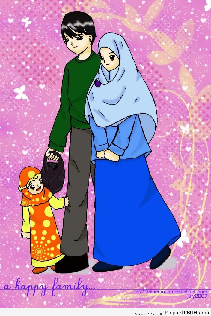 Muslim Family On Butterflies & Hearts Background - Drawings 