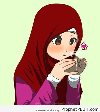 Muslim Girl Drinking Tea - Drawings