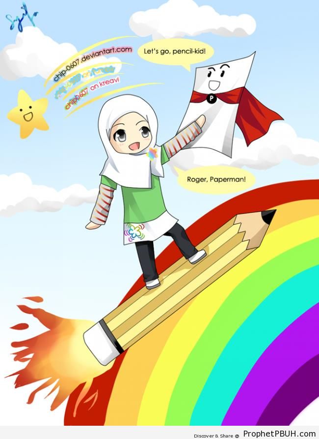 Muslim Girl Riding Rainbow on Pencil - Drawings