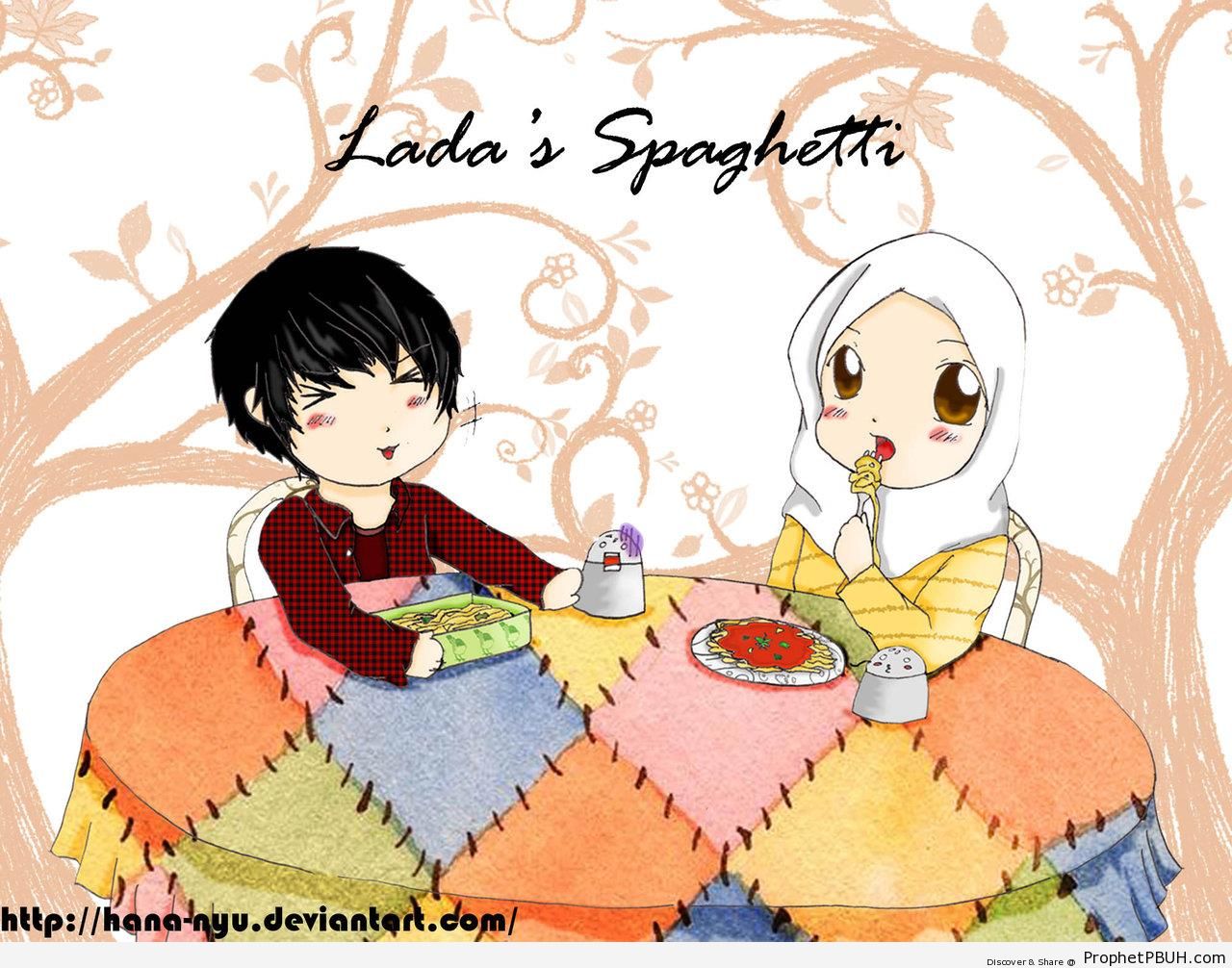 Muslim Girl and Boy Eating at Table - Drawings 
