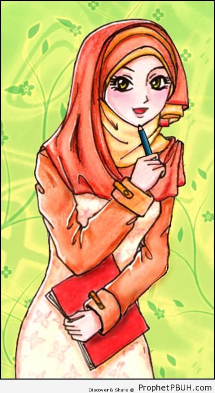 Muslim Girl in Hijab Holding Pencil and Notebook - Drawings