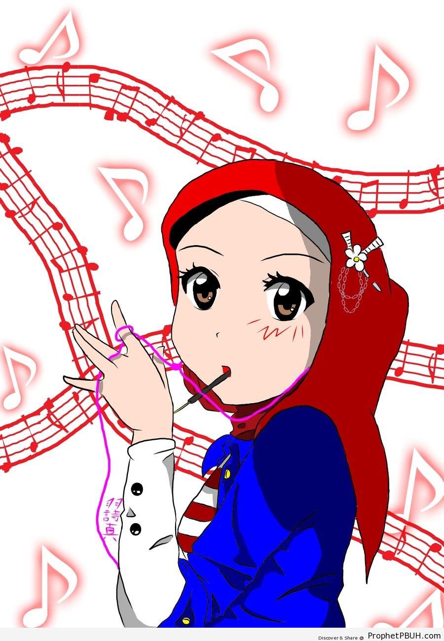 Muslim Girl in Red Hijab - Drawings -003