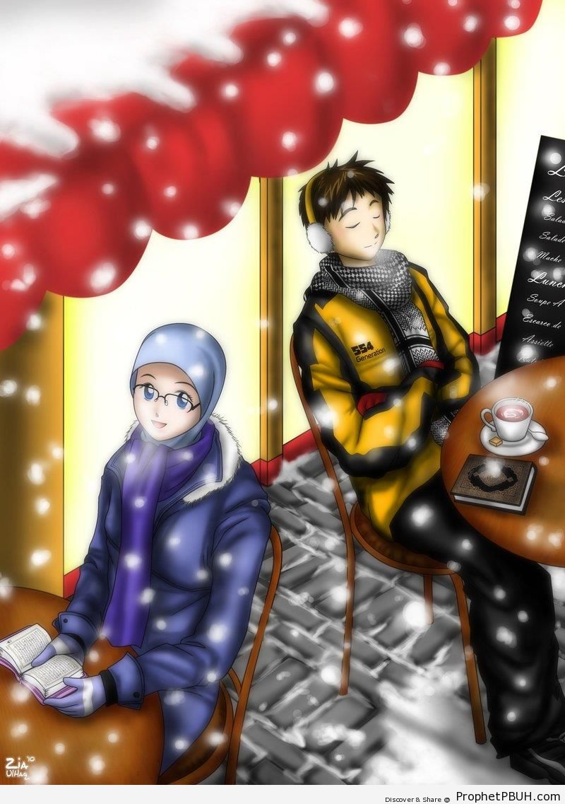 Muslim Guy and Girl With Quran Books at Restaurant in Winter - Drawings 