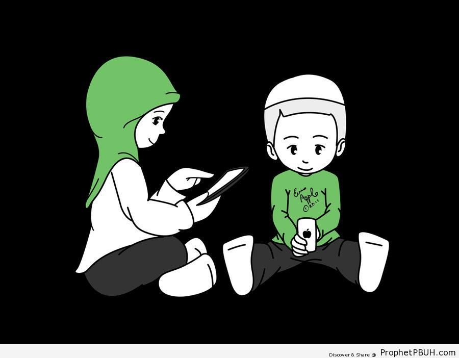 Muslim Kids Using Table and Phone - Drawings 