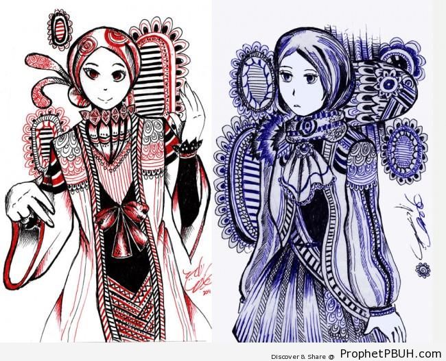 Muslim Ladies in Elegant Ornamented Costumes - Drawings