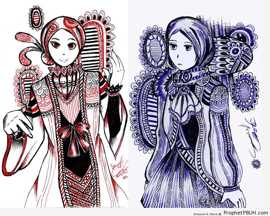 Muslim Ladies in Elegant Ornamented Costumes - Drawings 