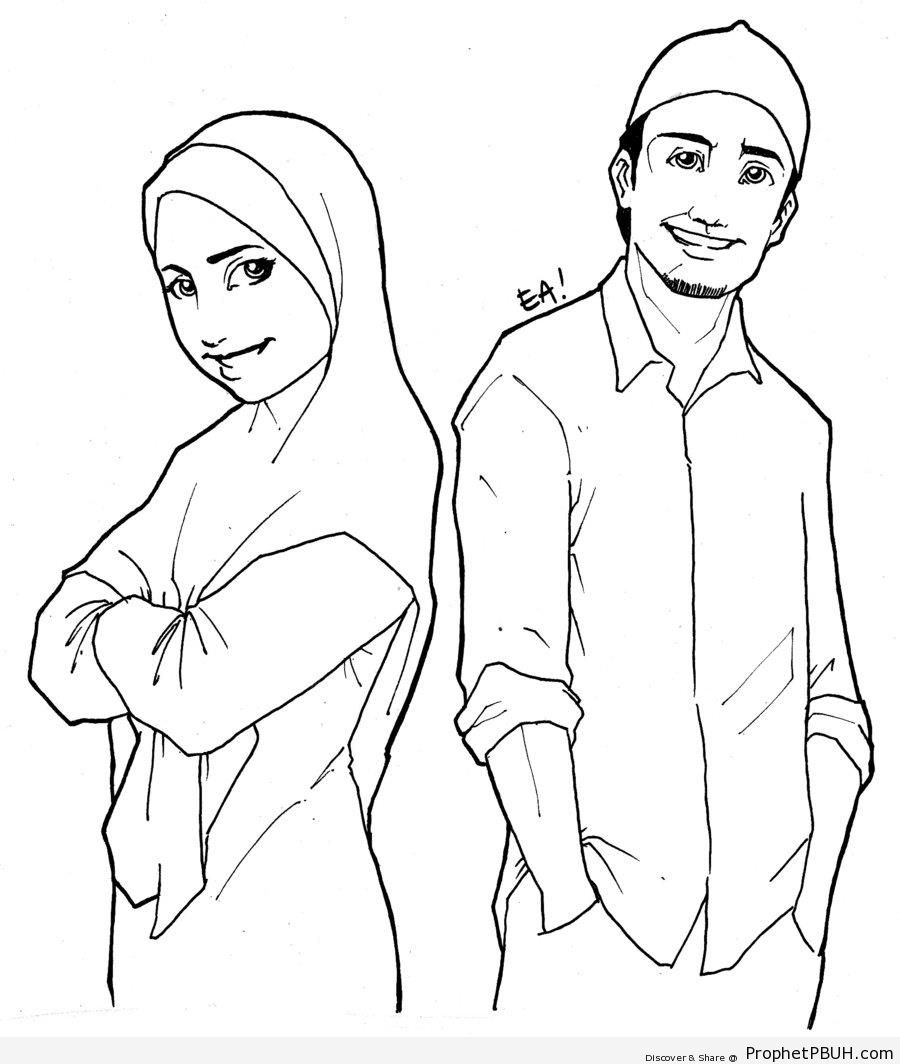 Muslim Man and Woman Line Drawing - Drawings 
