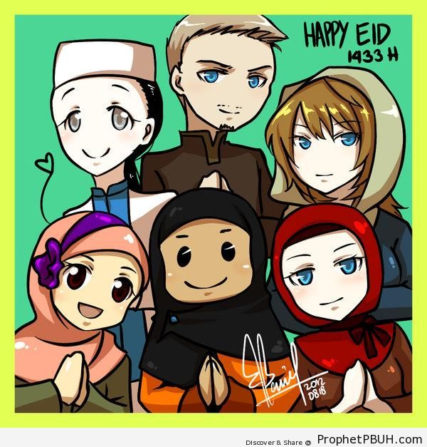 Muslim Men and Women on Eid Greeting Card (Manga & Anime Style) - Drawings