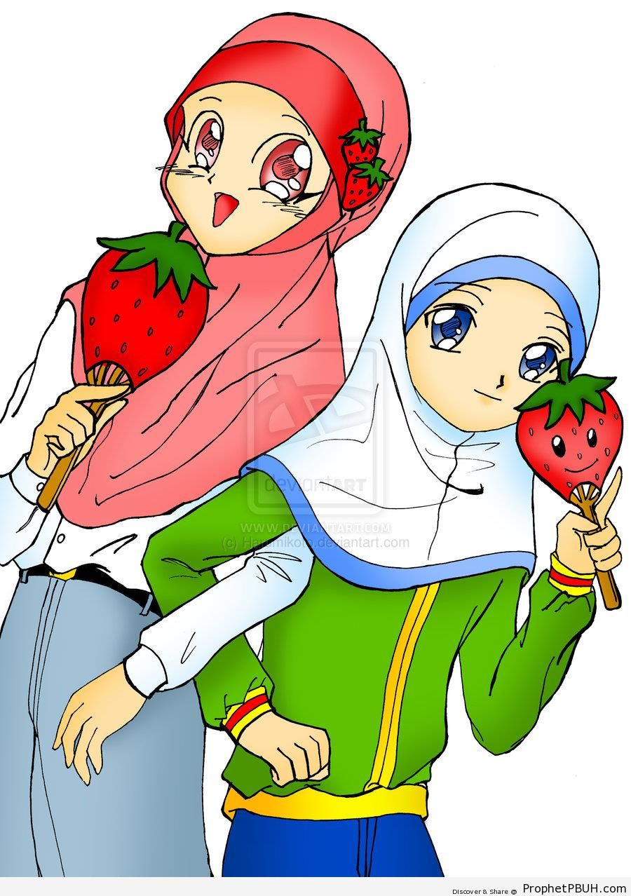 Muslim Sisterhood (Anime Girls in Red and White Hijabs) - Drawings 