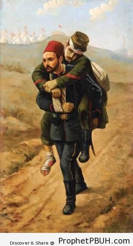 Muslim Soldier Carrying Wounded Enemy Soldier (Tripoli War, 1911) - Drawings