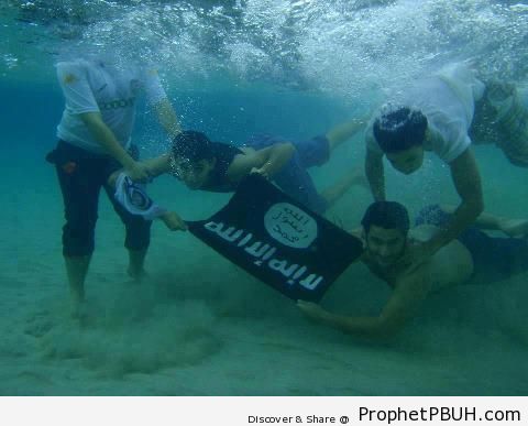 Muslim Swimmers Holding Islamic Flag Under Water - Islamic Calligraphy and Typography