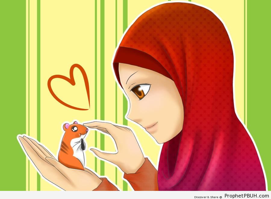 Muslim Woman Petting Hamster (Manga Drawing) - Drawings 