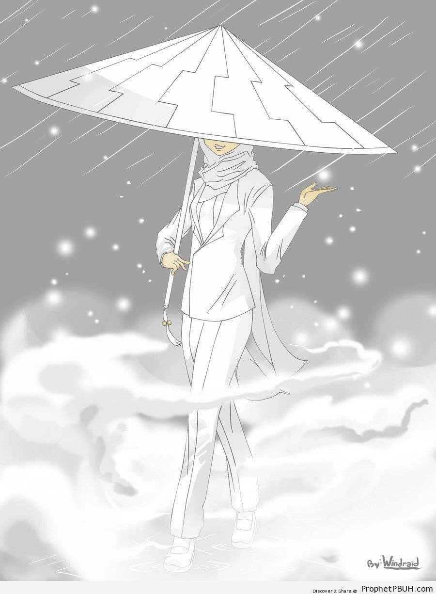 Muslim Woman & Umbrella in the Rain - Drawings 