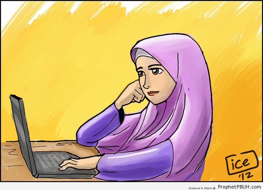 Muslim Woman Using Laptop - Drawings 