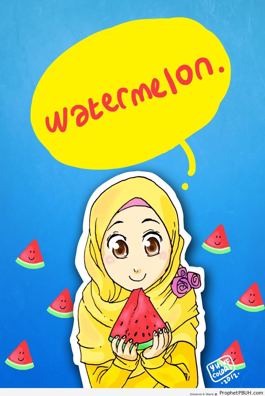 Muslim Woman & Watermelon Slices - Drawings 