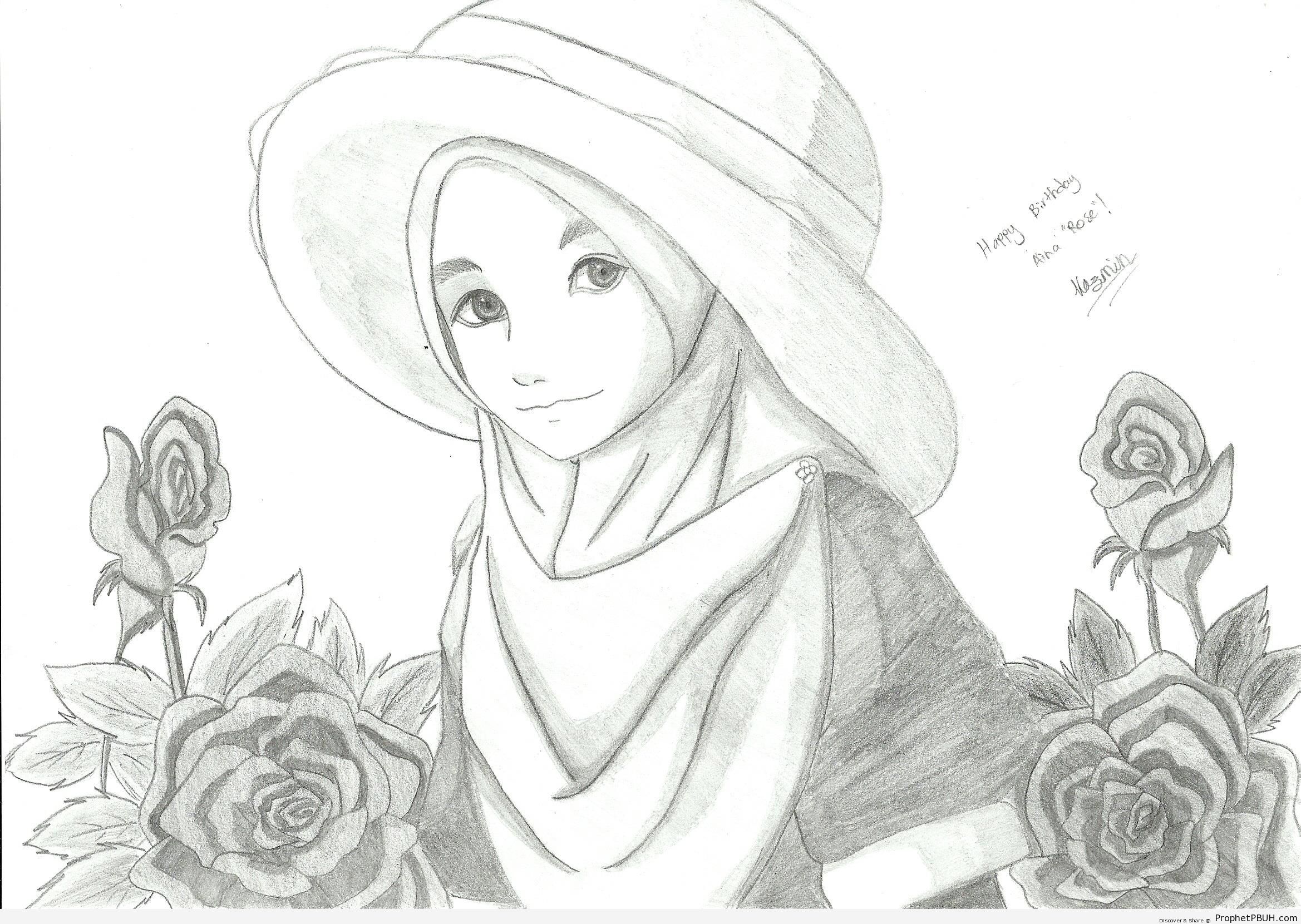Muslim Woman in Hijab and Hat (Pencil Drawing) - Drawings 