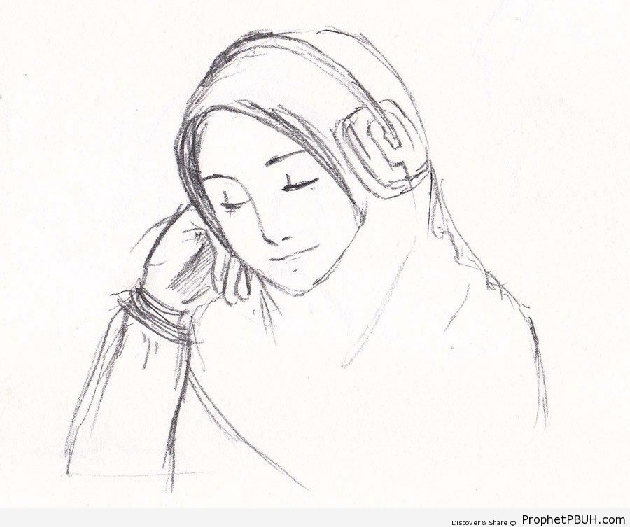 Muslimah With Headphones (Line Drawing) - Drawings 