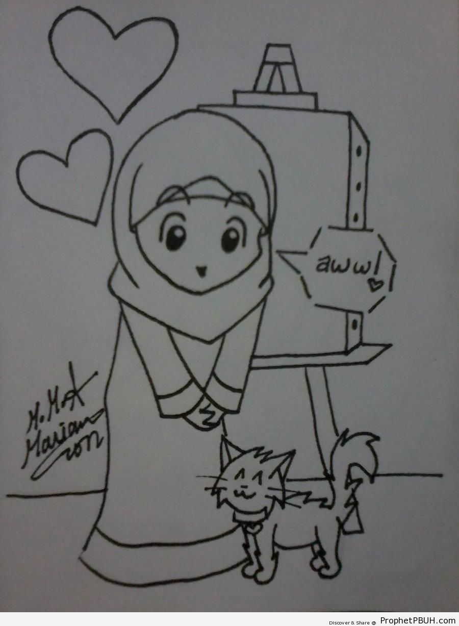 Muslimah and Cat - Drawings 