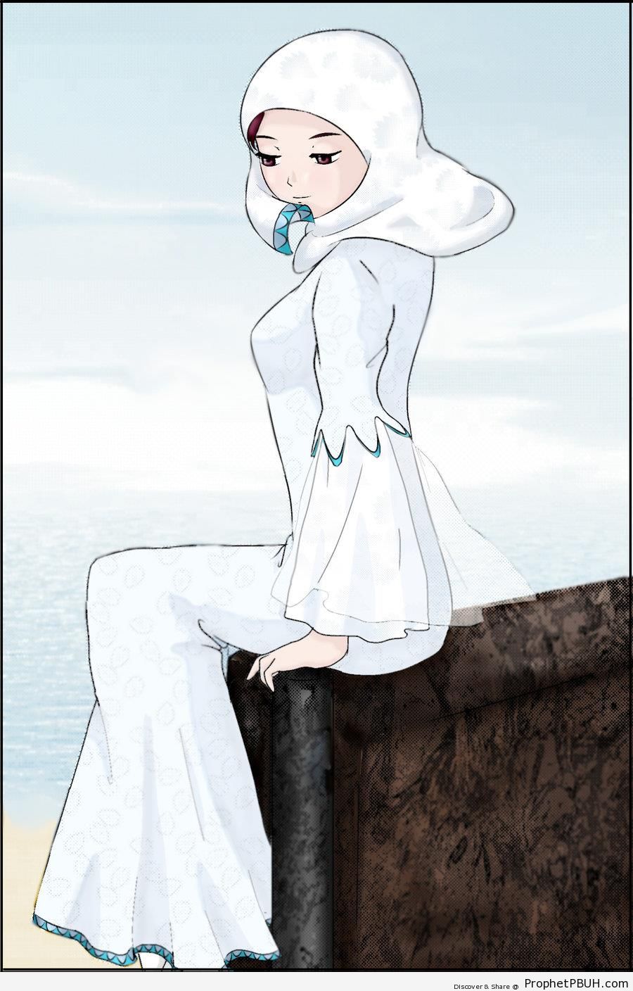 Muslimah in Elegant White Hijab and Dress - Drawings 