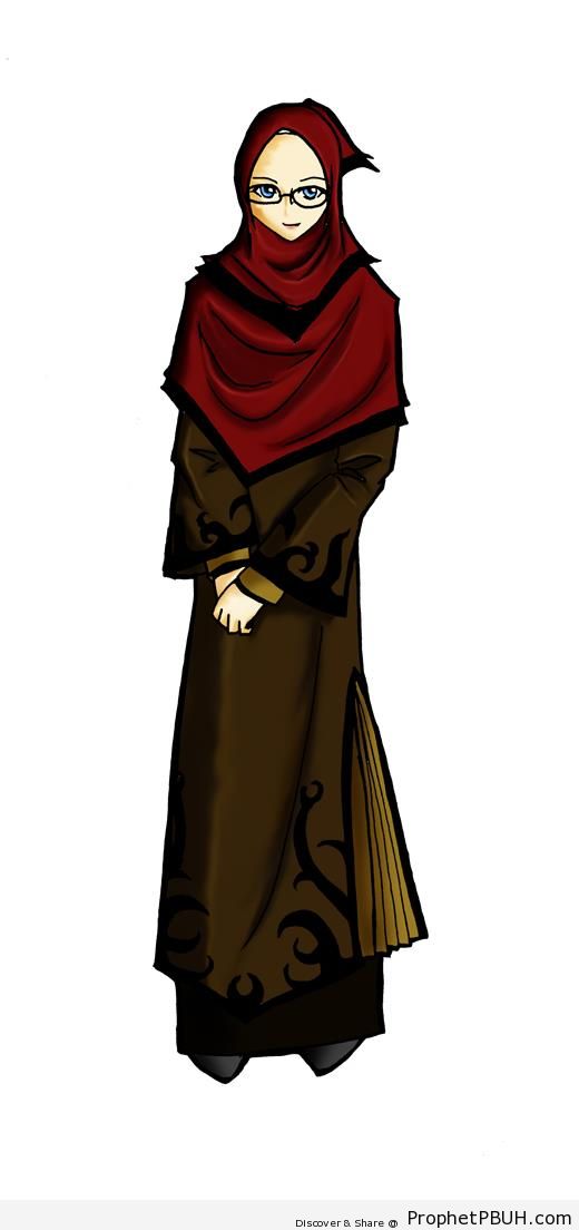 Muslimah in Maroon Hijab and Glasses - Drawings