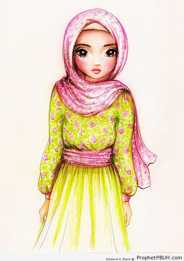 Muslimah in Pink and Green Flower Pattern Hijab - Drawings