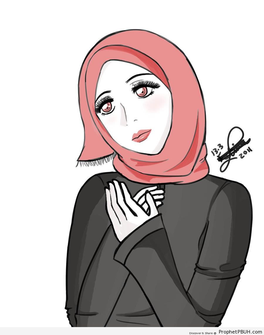 Muslimah in Red Hijab and Black Shirt - Drawings 
