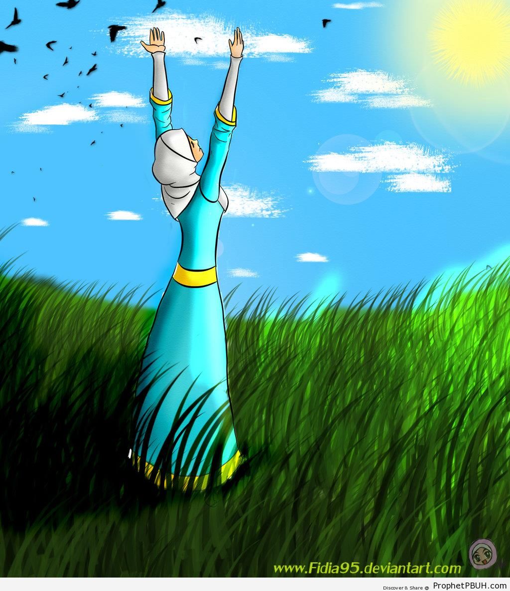 Muslimah in Sunny Green Field With Arms Raised to the Sky - Drawings 