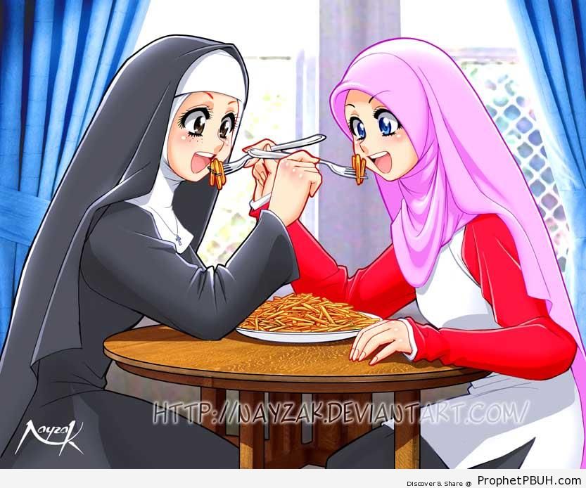 Nun and Hijabi Muslimah Feeding Each Other - Drawings 