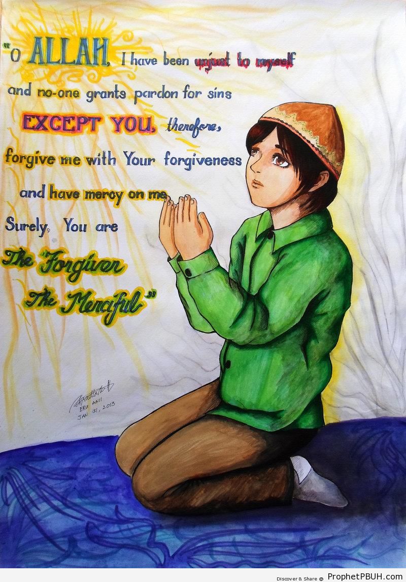O Allah [Forgiveness Prayer on Drawing of Boy Making Dua] - Drawings -Pictures