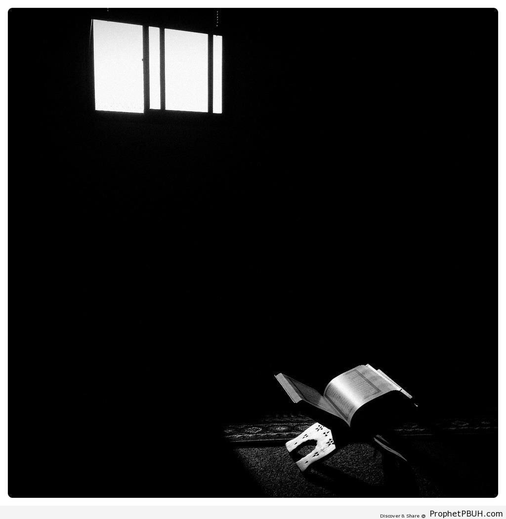 Open Book of Quran in Dark Room - Islamic Black and White Photos -001