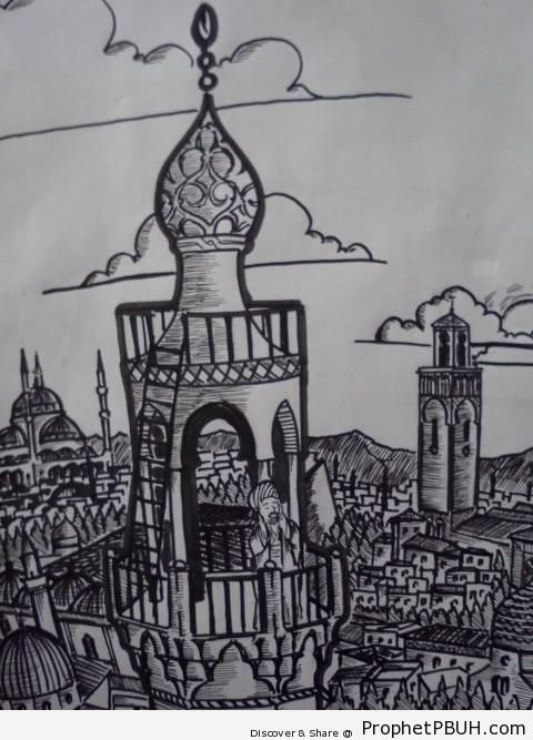 Ottoman Muezzin Calling the Adhan on Top of Minaret in Istanbul - Drawings