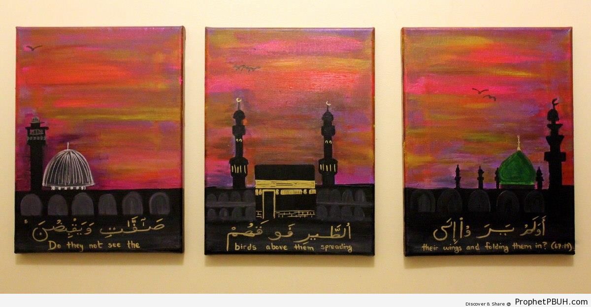 Paintings of Islam-s Most Scared Places and Quran 67-19 - Al-Aqsa Mosque (Bayt al-Muqaddas) in Jerusalem, Palestine -Picture