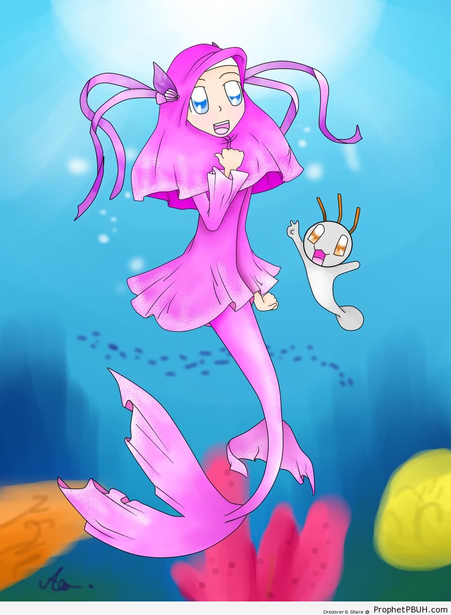 Pink Muslimah Mermaid - Drawings 