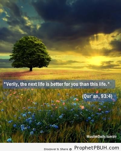 Quran 93-4 (Surat ad-Dhuha) on a Landscape at Sunset - Islamic Quotes About Akhirah (The Hereafter)