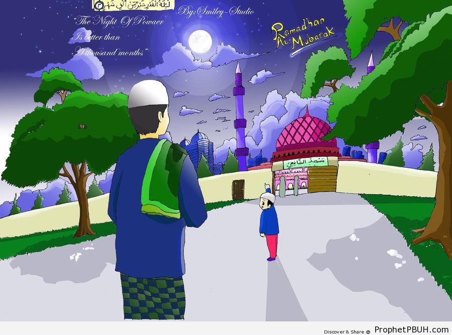 Ramadan Mubarak (Photo of Mosque and Muslims Walking To It) - Drawings 