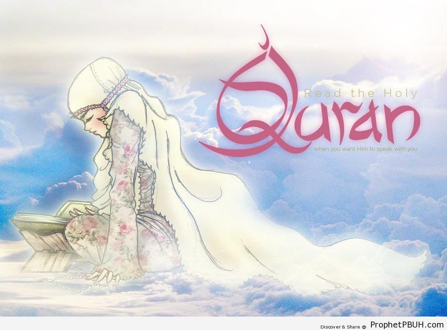 Read the Holy Quran (Poster With Drawing of Quran Reading Muslimah) - -Read Quran- Posters 