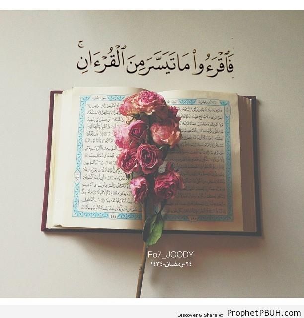 Roses on Book of Quran (with Quran 73-20 - Surat al-Muzzammil) - Islamic Quotes