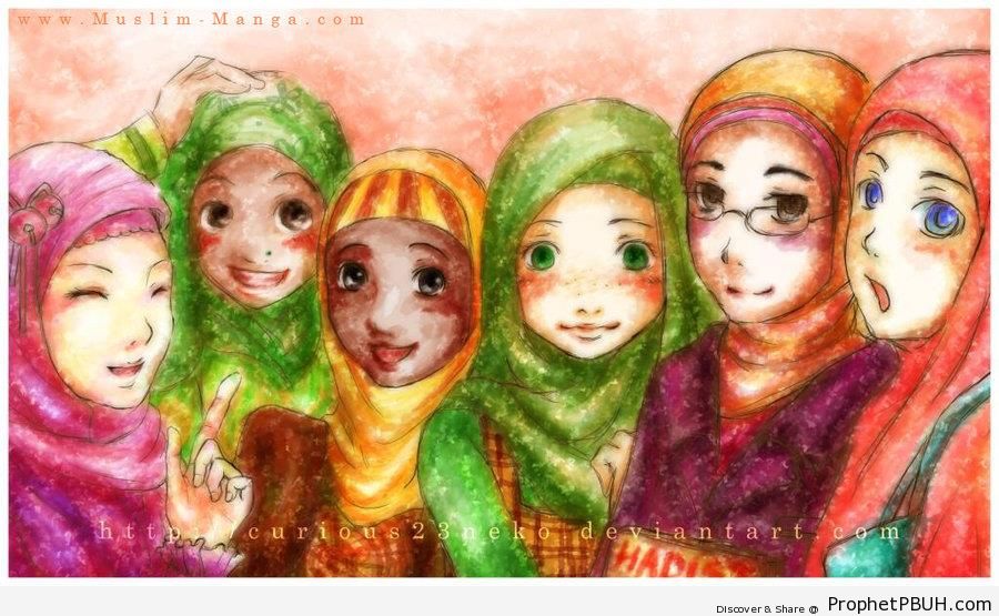 Six Muslim Girls (Drawing) - Drawings 