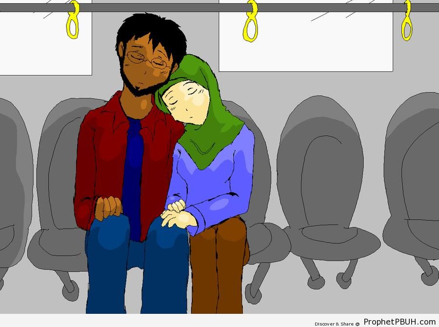 Sleeping Muslim Couple on Subway Ride - Drawings 