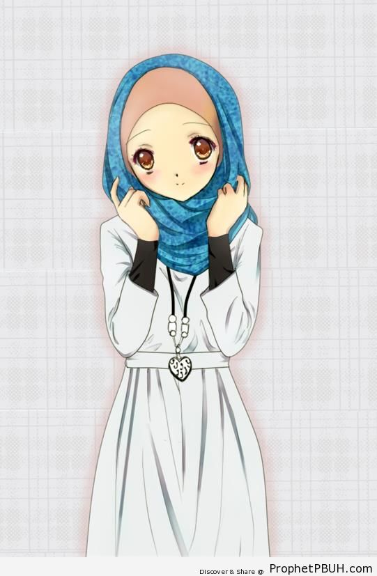 Stylish Blue Hijab and White Dress - Drawings