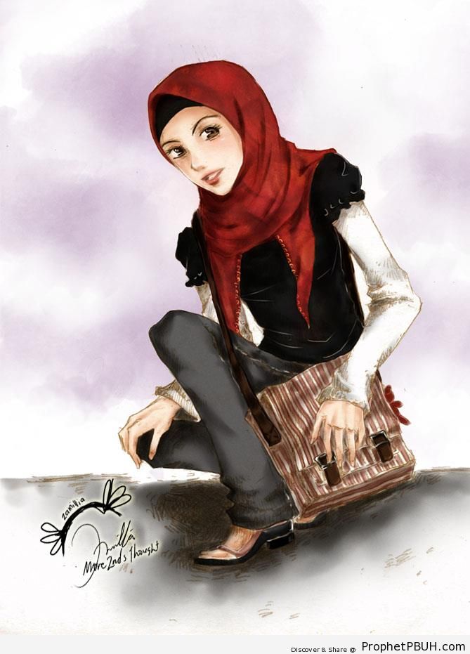 Stylish Muslimah in Red Hijab and Black Blouse - Drawings 